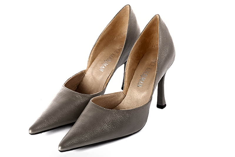 Taupe brown women's open arch dress pumps. Pointed toe. Very high slim heel. Front view - Florence KOOIJMAN